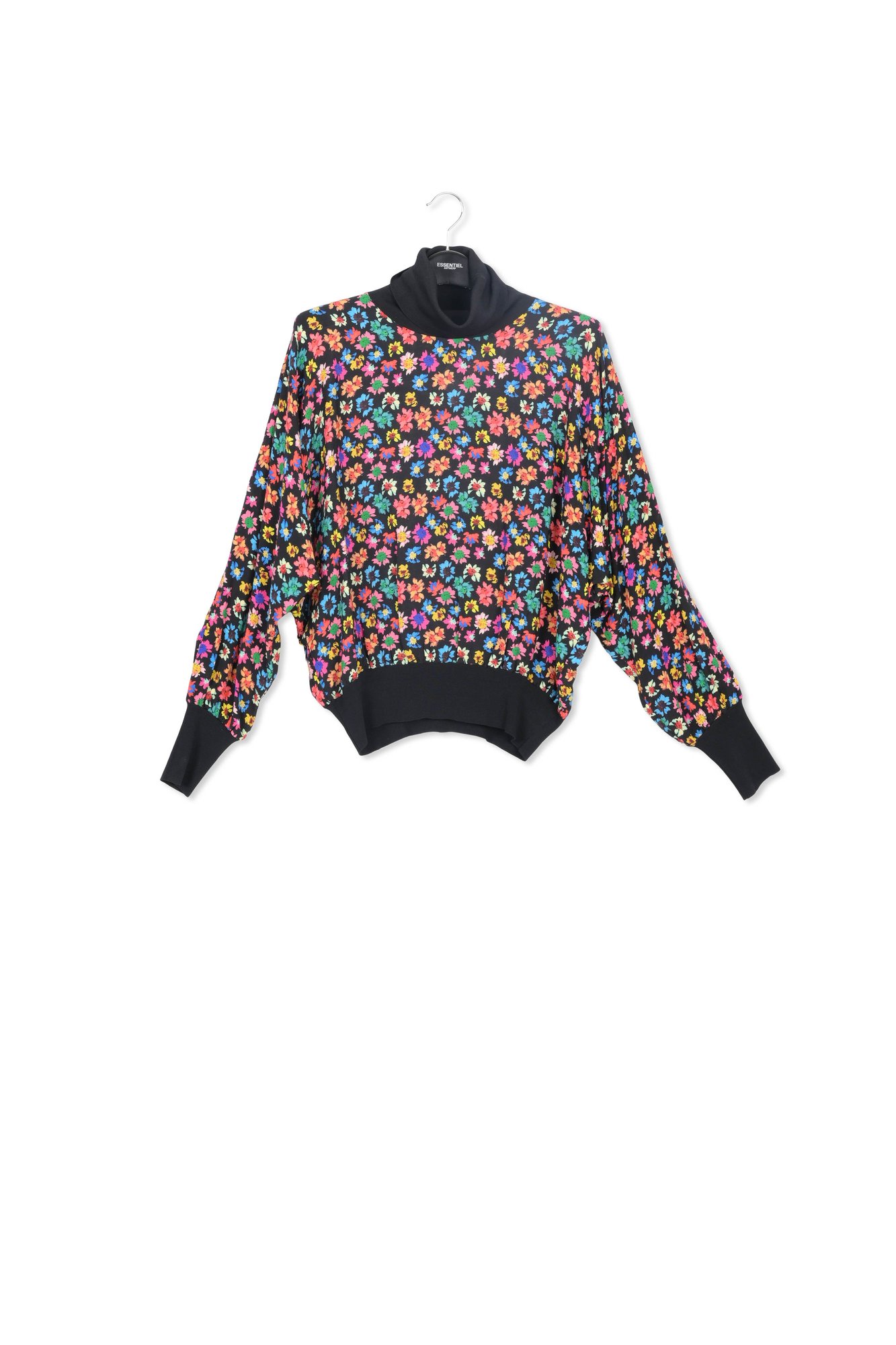 Black floral-print top with rib-knitted trims RE—SSENTIEL second-hand photo 1