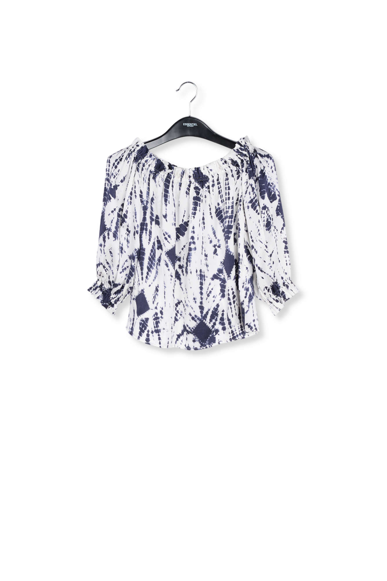 Gebroken witte en blauwe tie-dyed zijden top met blote schouders RE—SSENTIEL tweedehands photo 1