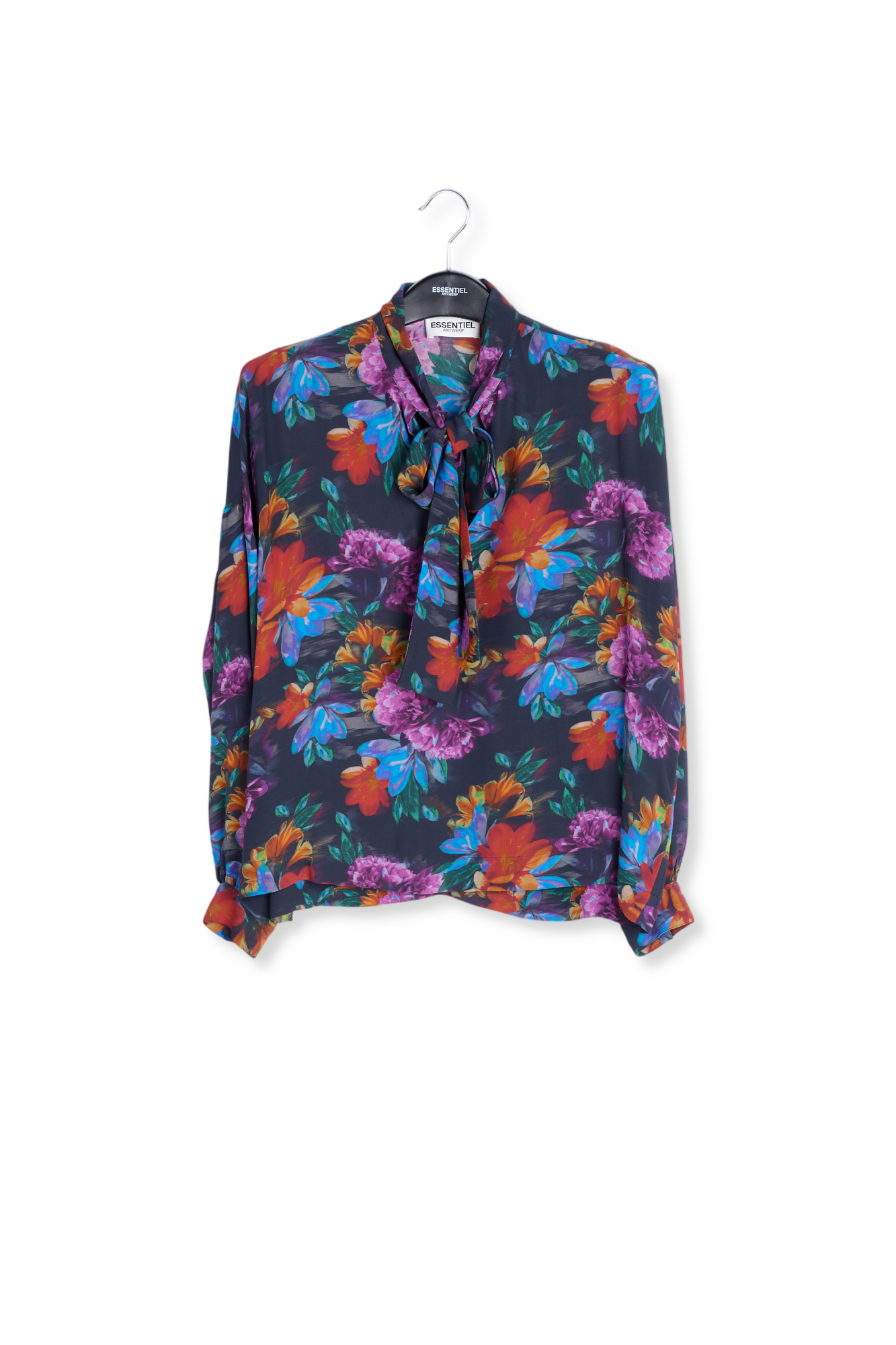 Hemd met strik en antracietgrijze, blauwe en oranje bloemenprint RE—SSENTIEL tweedehands photo 1