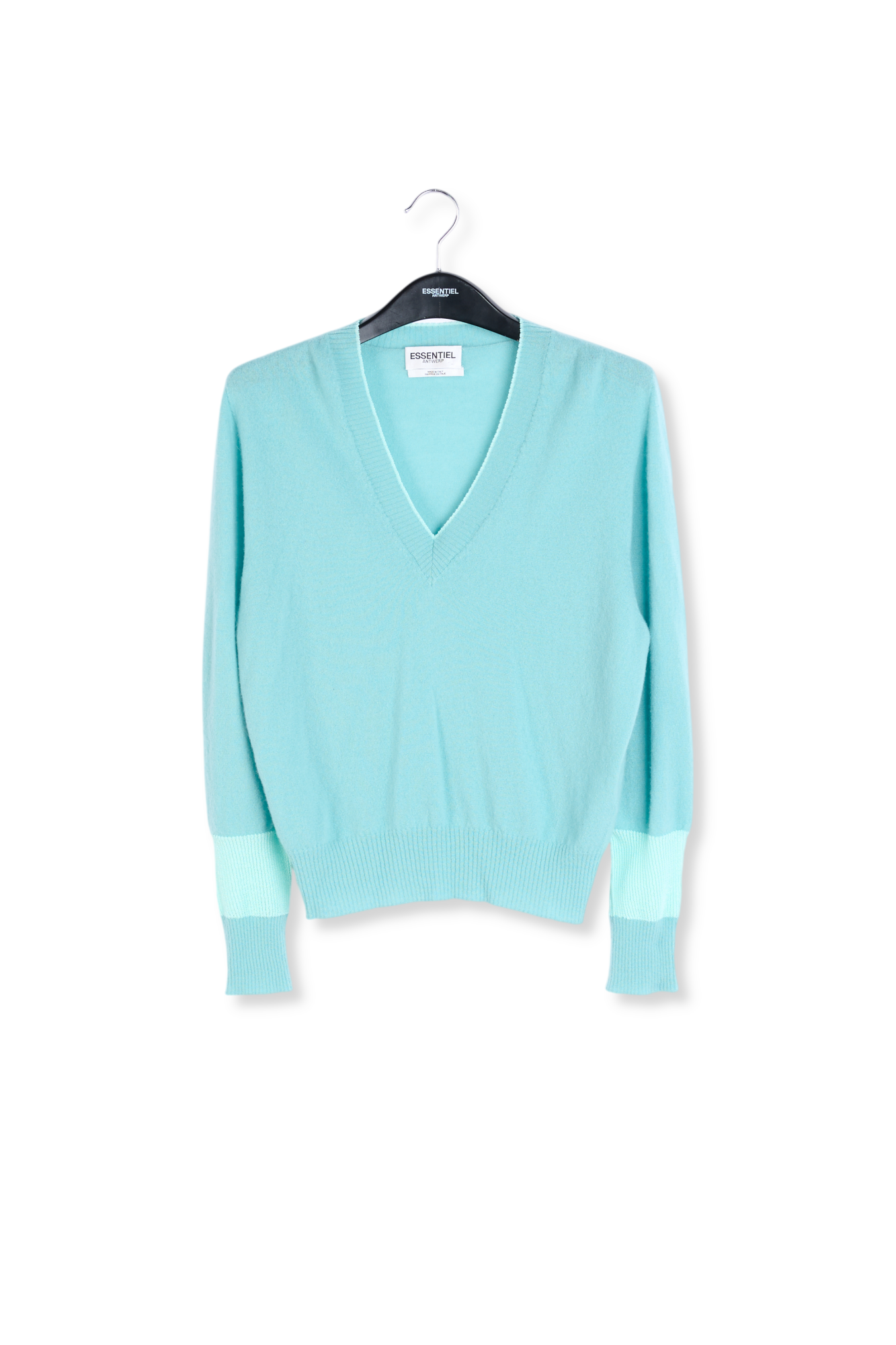 Pull turquoise en tricot fin à col en v RE—SSENTIEL seconde main photo 1