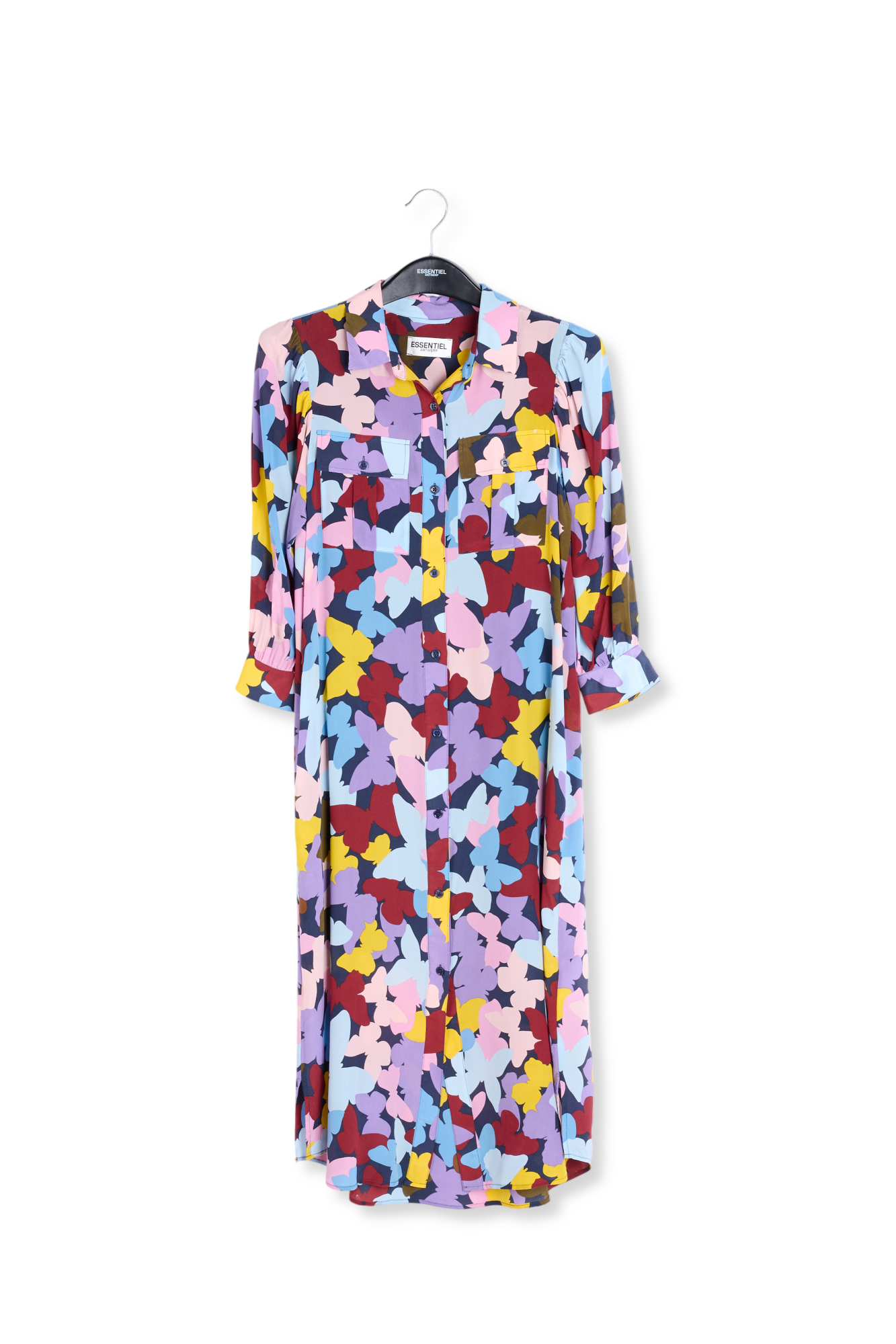 Silk burgundy, lilac and blue butterfly-print midi dress RE—SSENTIEL second-hand photo 1