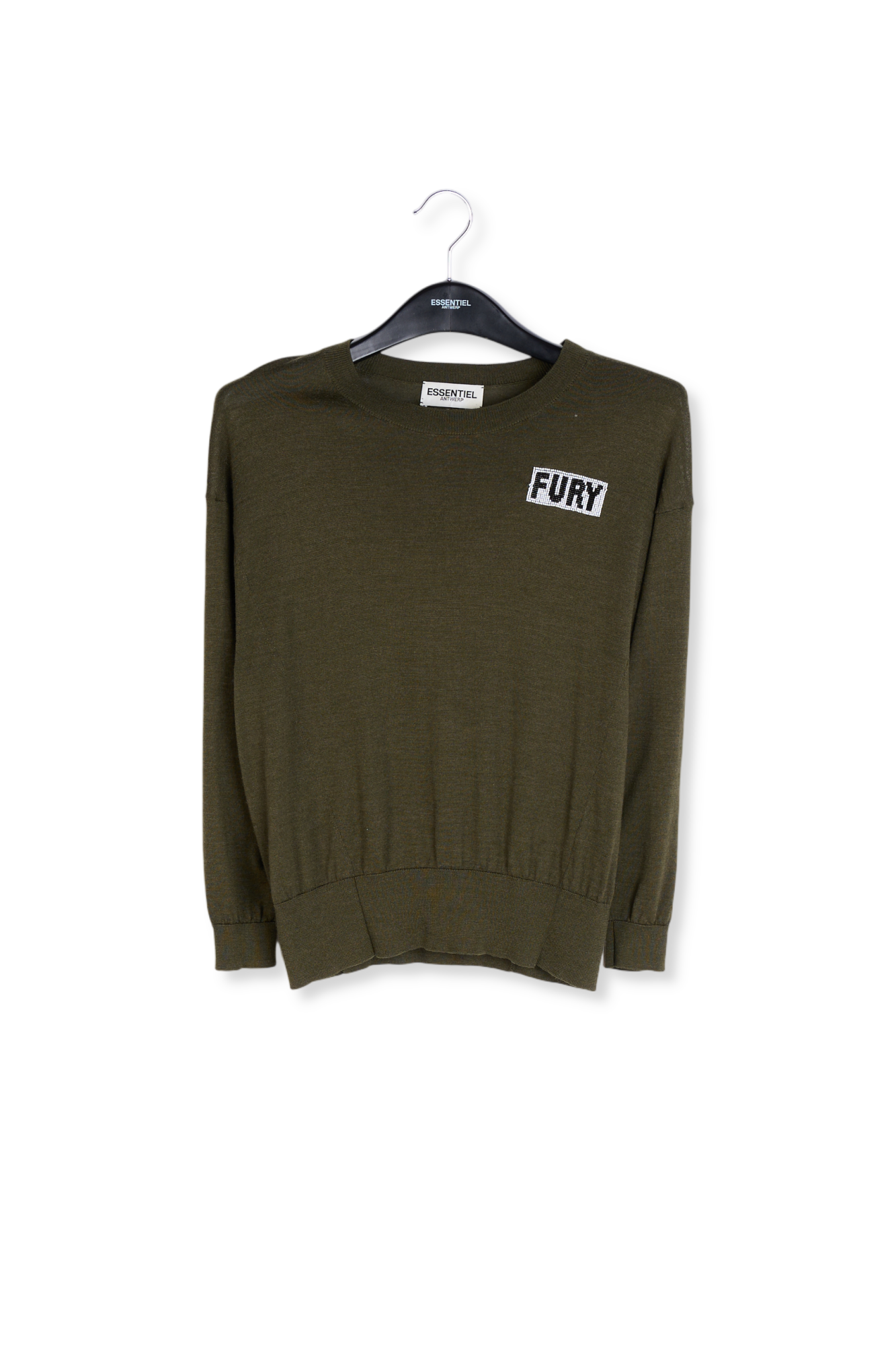 Pull en soie et laine mélangée vert kaki à broderie « fury » RE—SSENTIEL seconde main photo 1