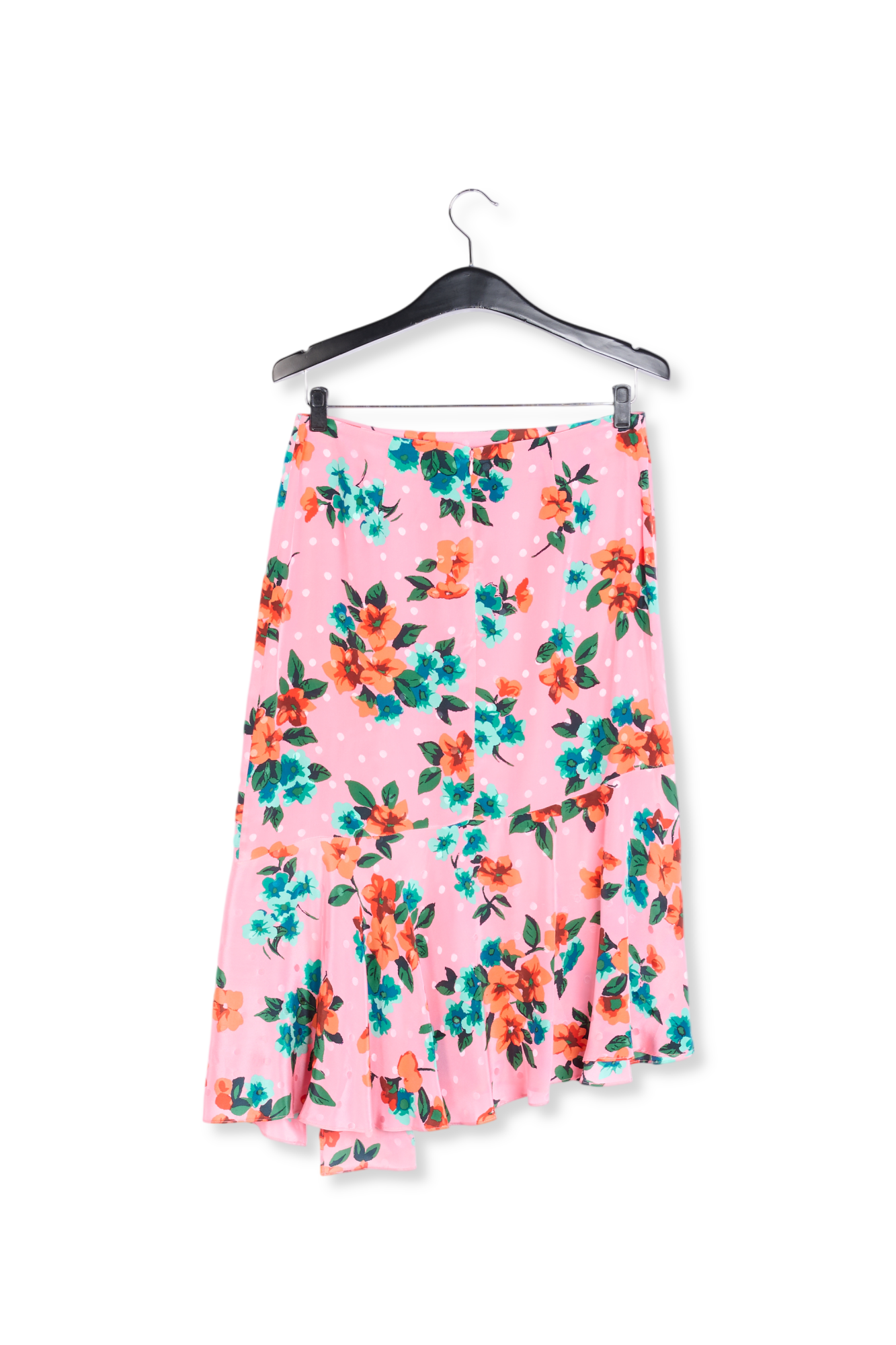 Roze zijden midirok met bloemen en stippen RE—SSENTIEL tweedehands photo 2