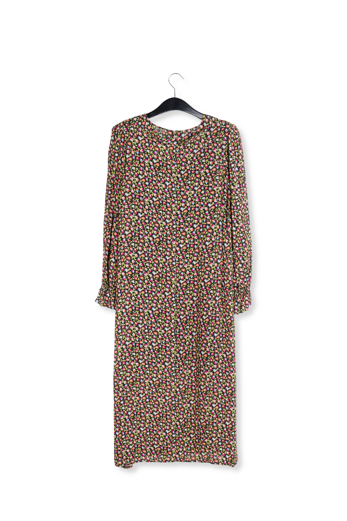 Midi-jurk met riem en zwarte, lichtgroene en fuchsia bloemenprint RE—SSENTIEL tweedehands photo 2