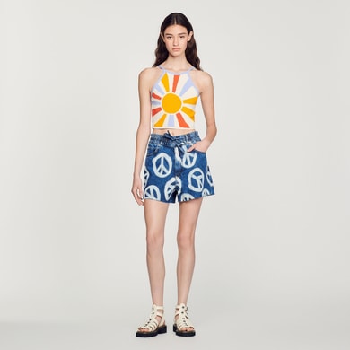 Short large en denim à motifs peace Sandro seconde main photo 2