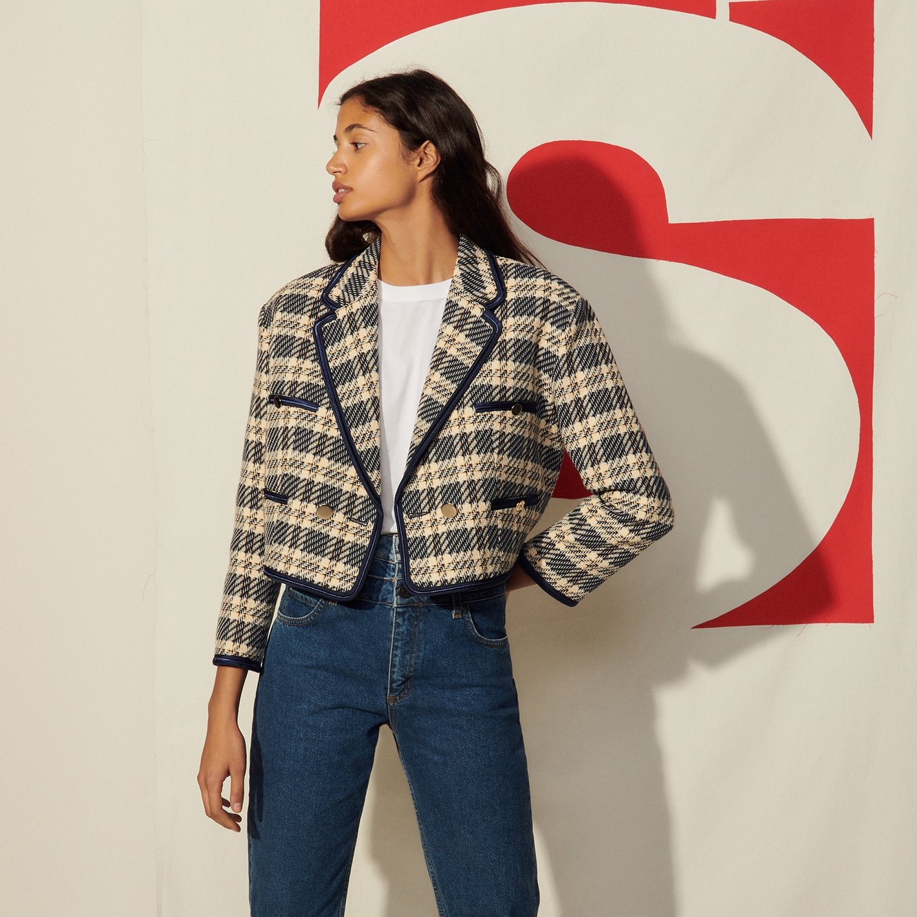 Cropped Jacket in checked tweed Sandro second-hand photo 1