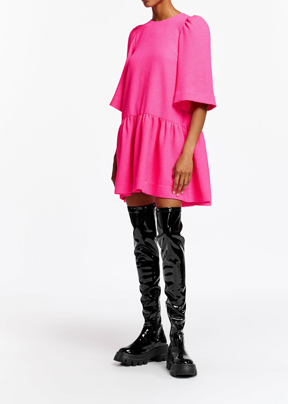 Felroze mini-jurk met pofmouwen RE—SSENTIEL tweedehands photo 3