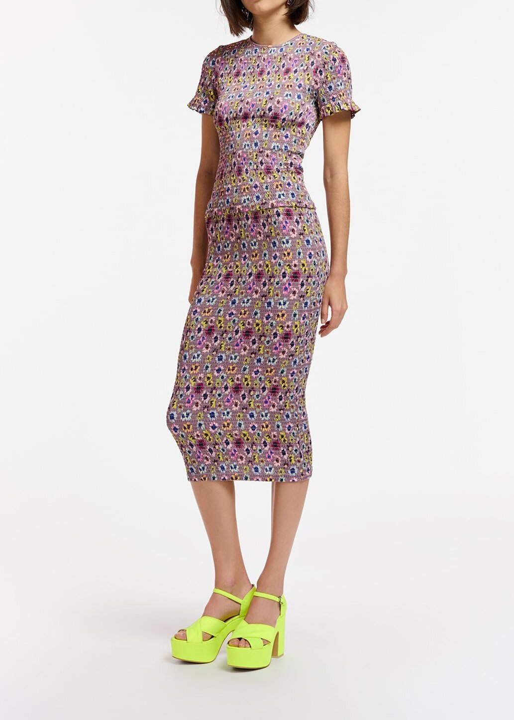 Jupe midi mauve à  smocks imprimé fleuri RE—SSENTIEL seconde main photo 3