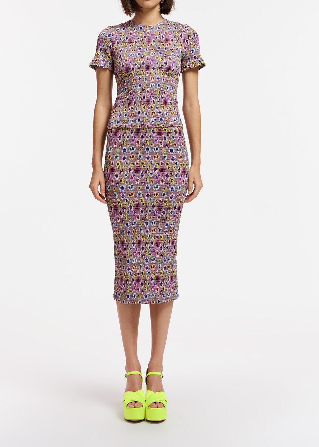 Jupe midi mauve à  smocks imprimé fleuri RE—SSENTIEL seconde main photo 5