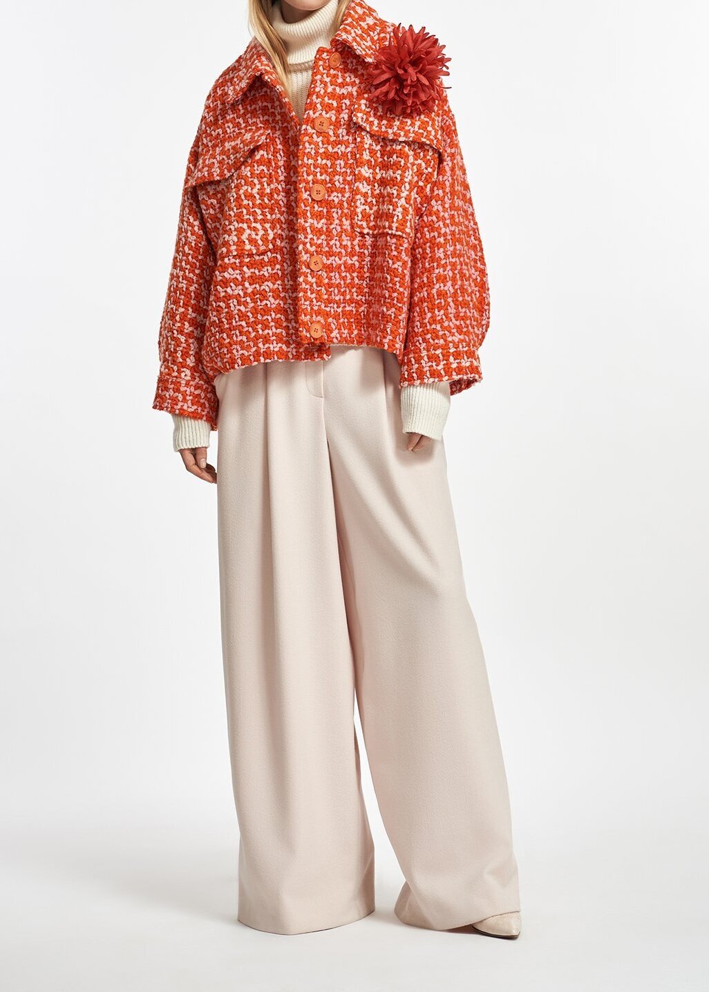 Orange and peach wool-blend tweed jacket RE—SSENTIEL second-hand photo 3