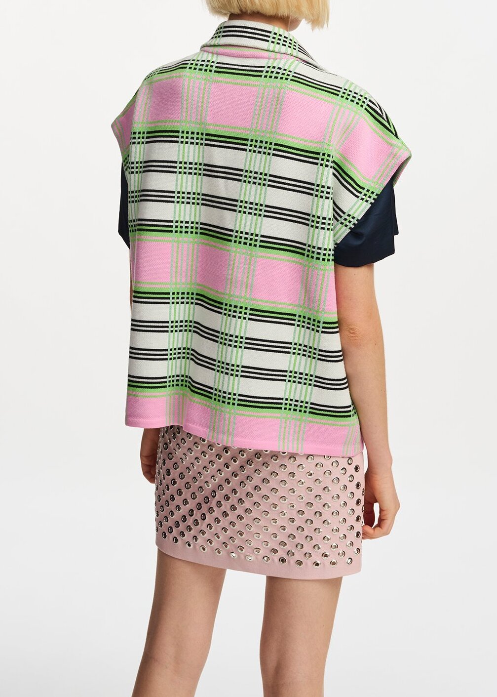 Off-white, pink and green checked sleeveless cardigan RE—SSENTIEL second-hand photo 3