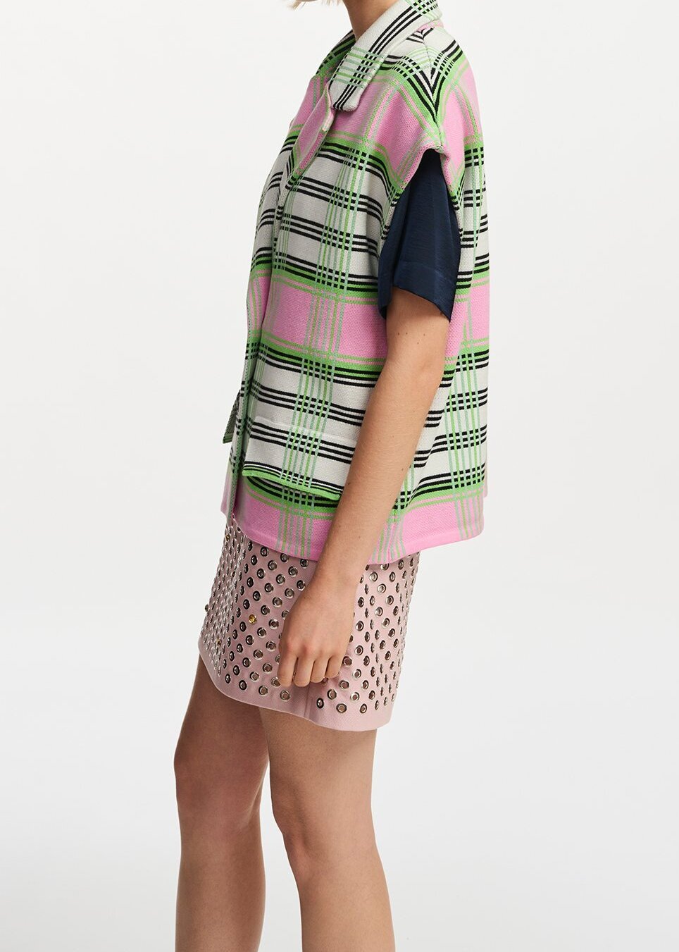 Off-white, pink and green checked sleeveless cardigan RE—SSENTIEL second-hand photo 4