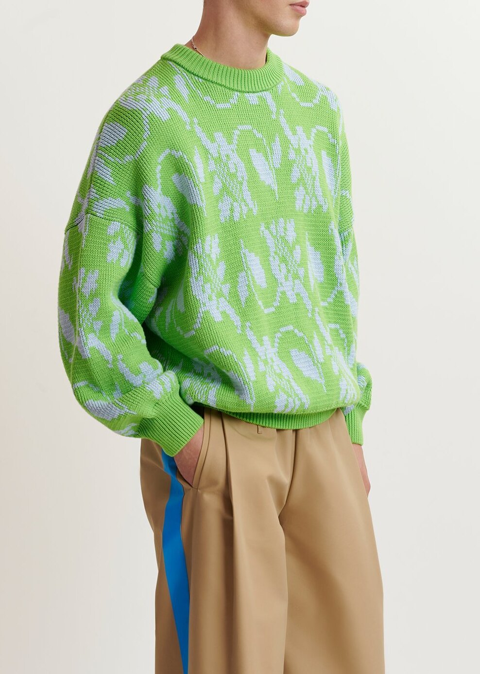 Groene en lichtblauwe trui in bloemenjacquard RE—SSENTIEL tweedehands photo 4