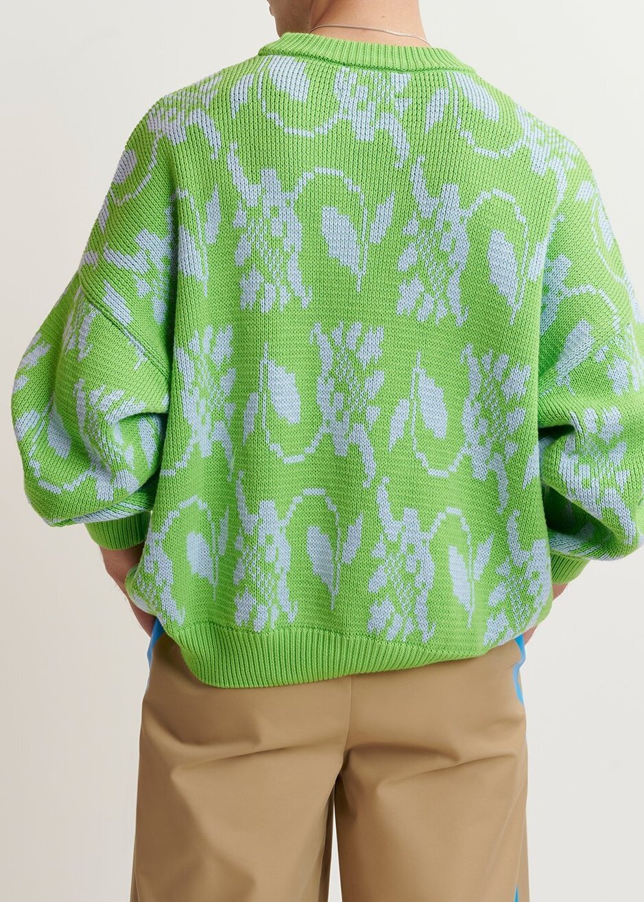 Groene en lichtblauwe trui in bloemenjacquard RE—SSENTIEL tweedehands photo 8