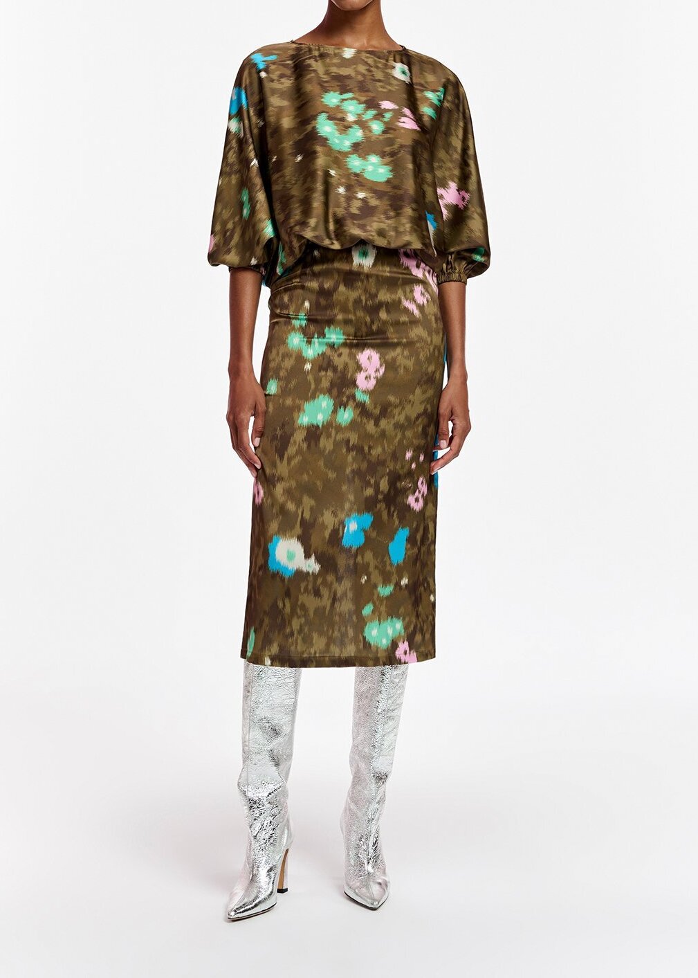 Robe midi kaki à  imprimé fleuri RE—SSENTIEL seconde main photo 3