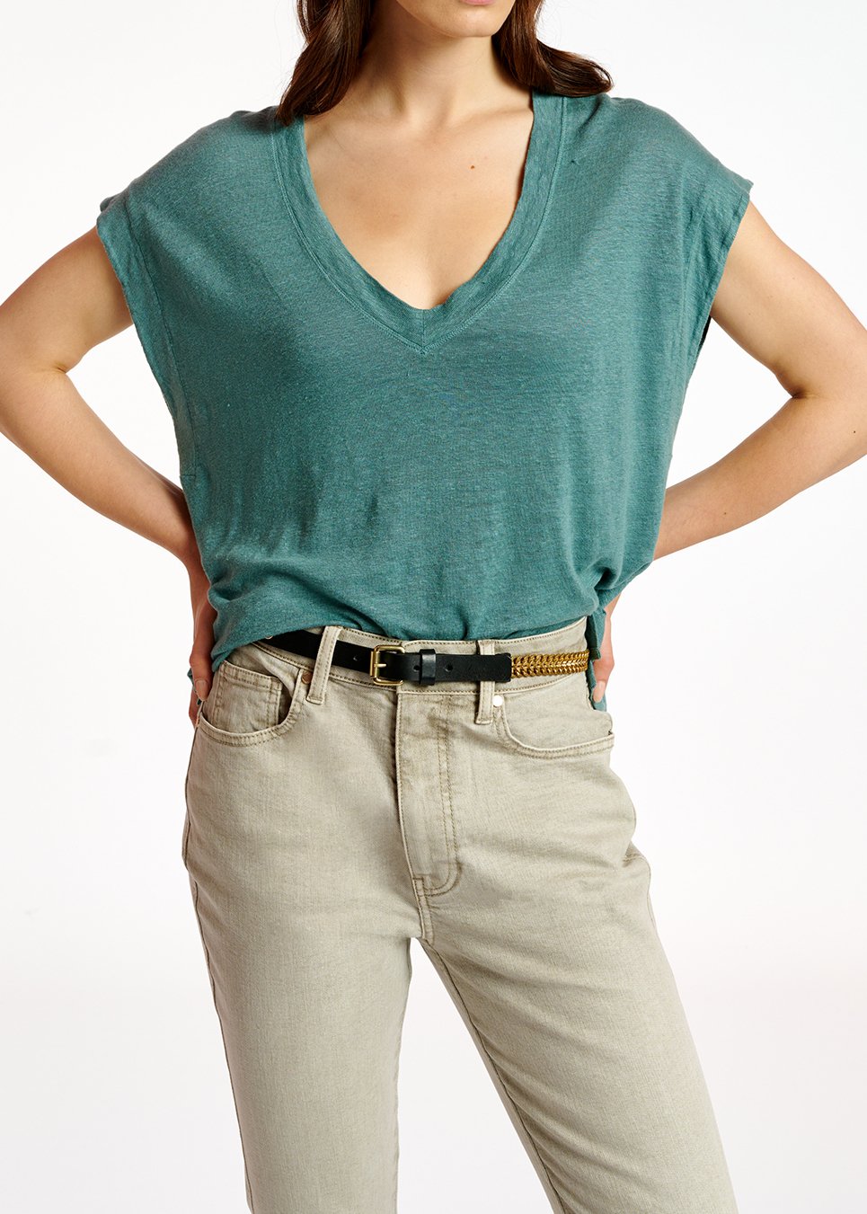 Blue linen V-neck T-shirt RE—SSENTIEL second-hand photo 7