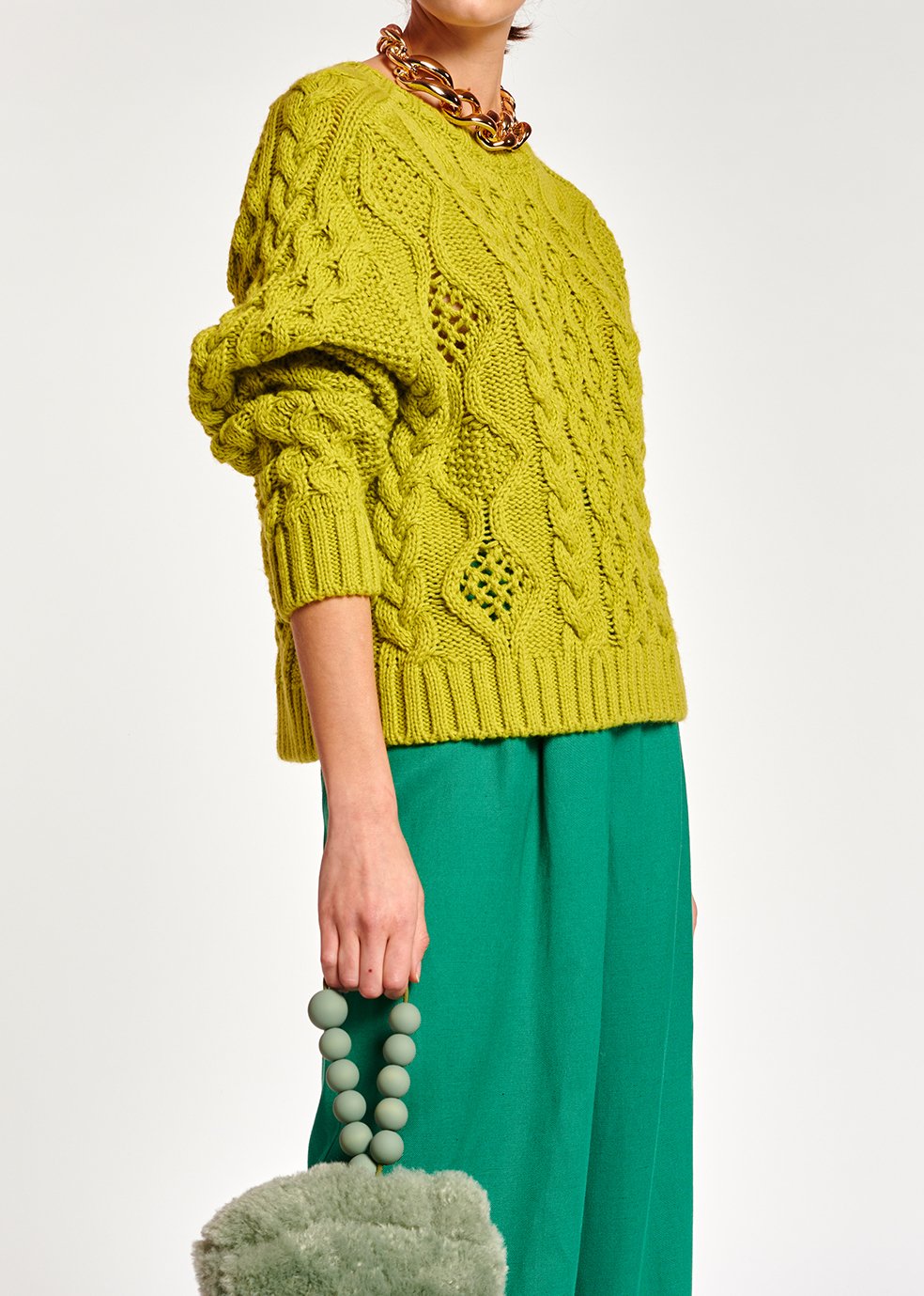 Lime green cable-knit wool-blend sweater RE—SSENTIEL second-hand photo 3