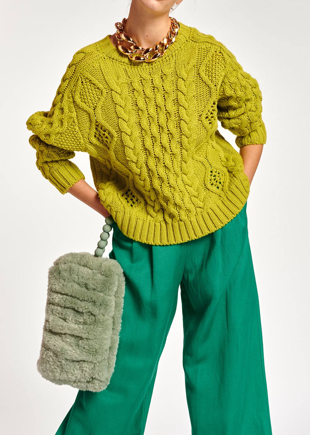 Lime green cable-knit wool-blend sweater RE—SSENTIEL second-hand photo 6