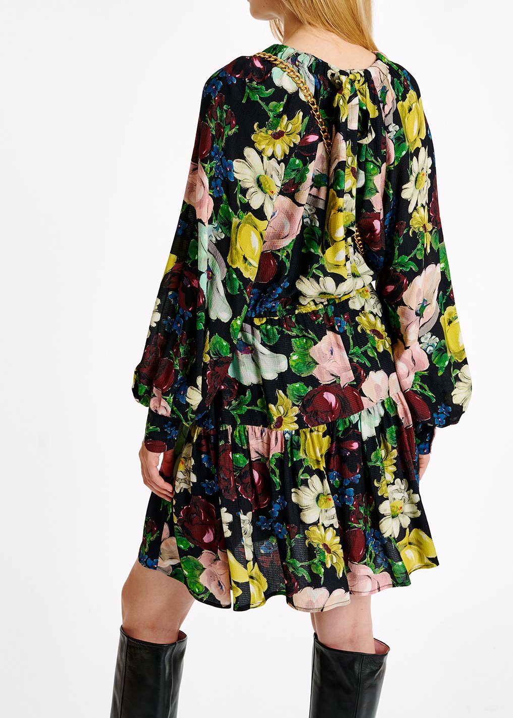 Zwarte, witte en gele mini-jurk met bloemenprint RE—SSENTIEL tweedehands photo 4