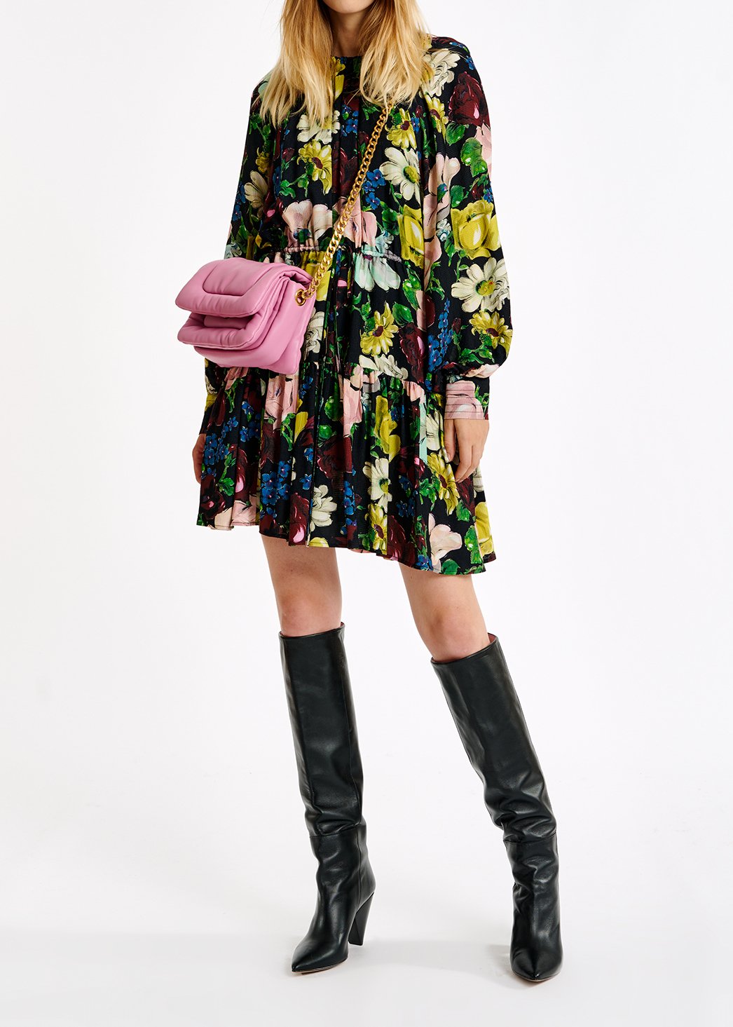 Zwarte, witte en gele mini-jurk met bloemenprint RE—SSENTIEL tweedehands photo 5
