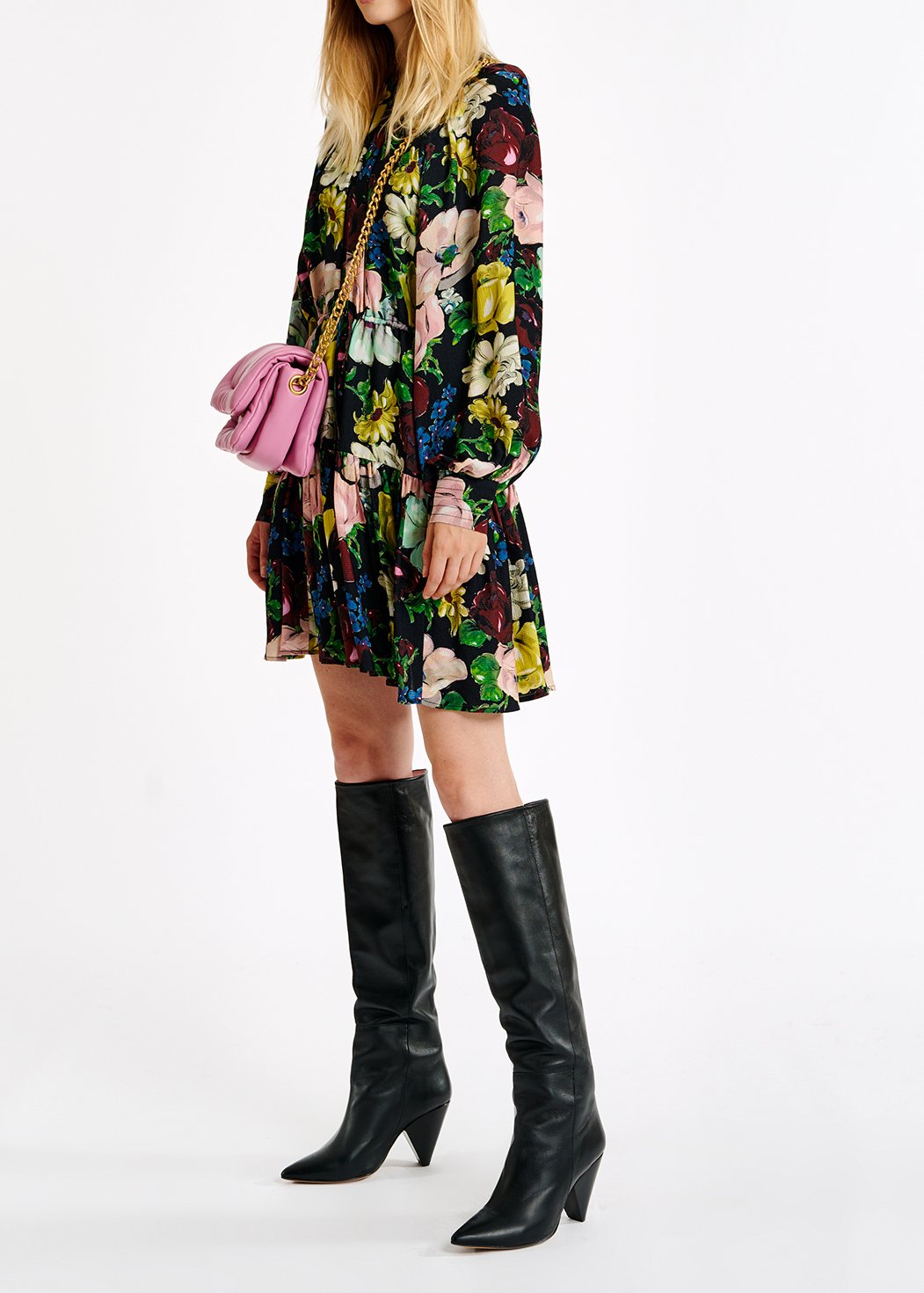 Zwarte, witte en gele mini-jurk met bloemenprint RE—SSENTIEL tweedehands photo 7