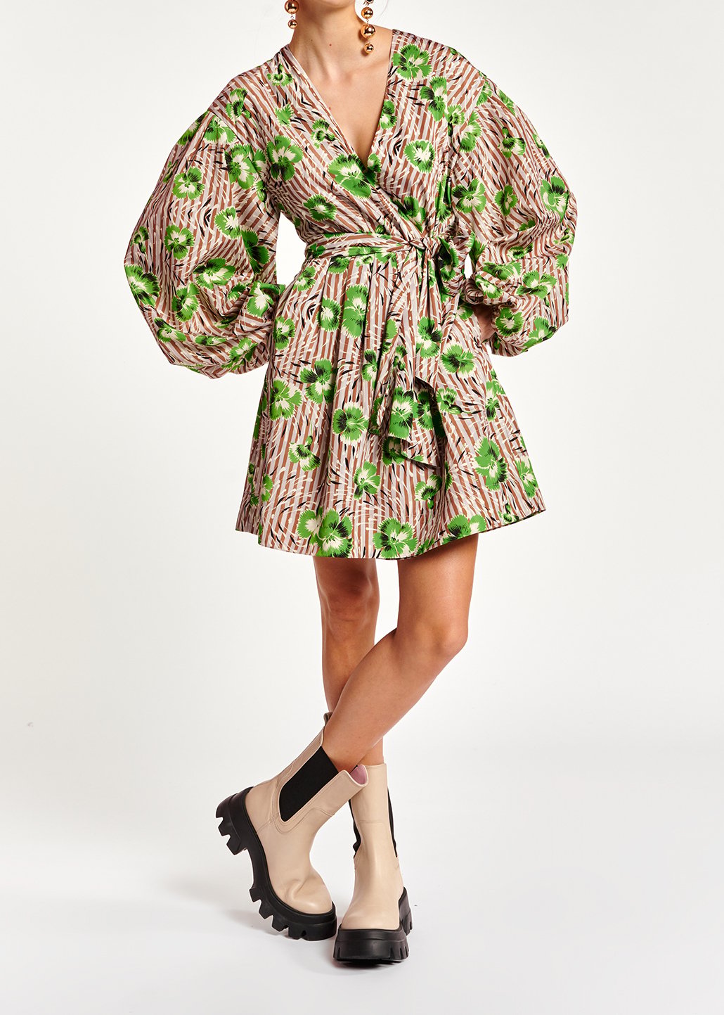 Mini robe cache-coeur verte et brune à  fleurs RE—SSENTIEL seconde main photo 3