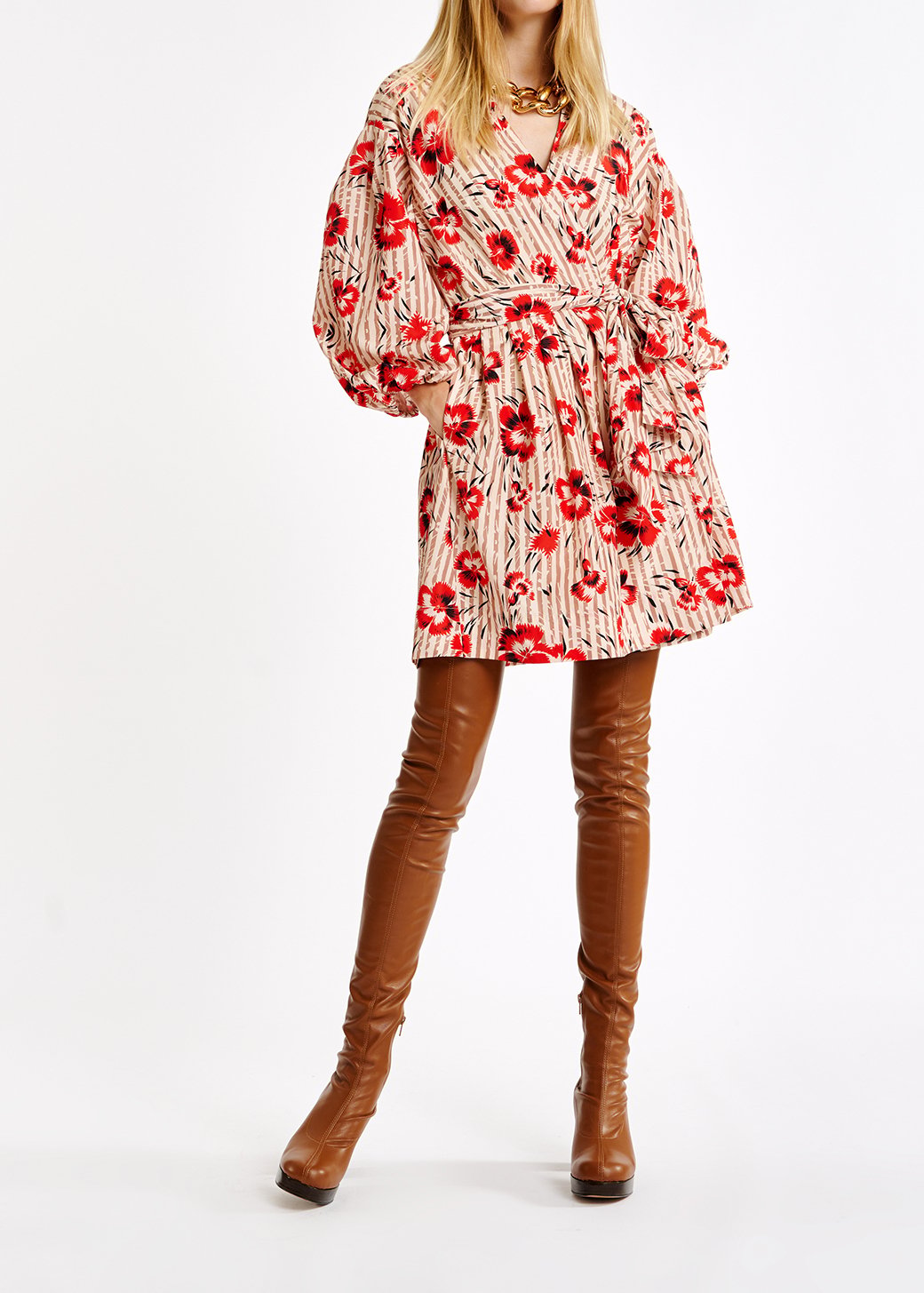 Red and brown floral print mini-length wrap dress RE—SSENTIEL second-hand photo 3