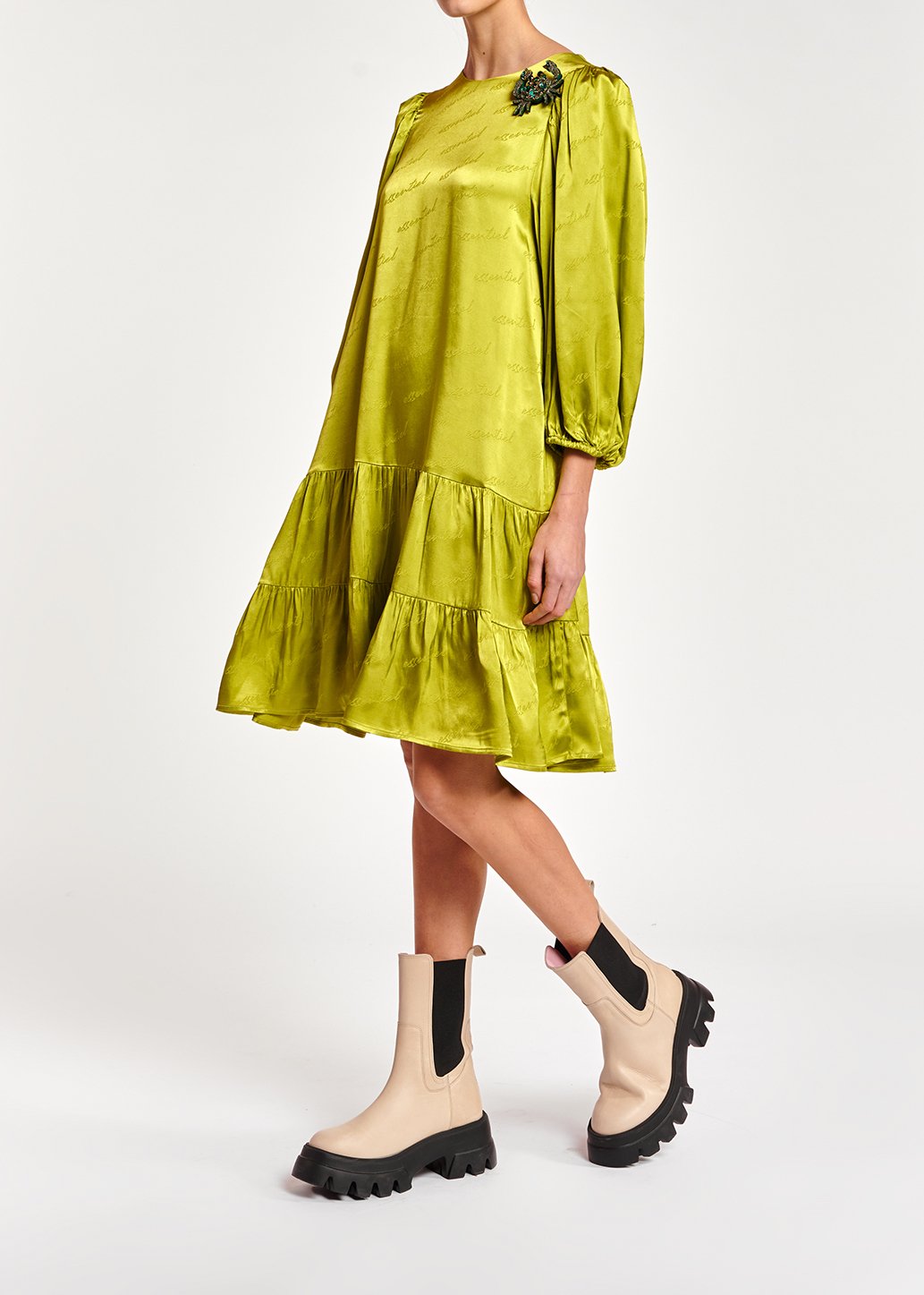Mini robe en jacquard de satin vert citron RE—SSENTIEL seconde main photo 3