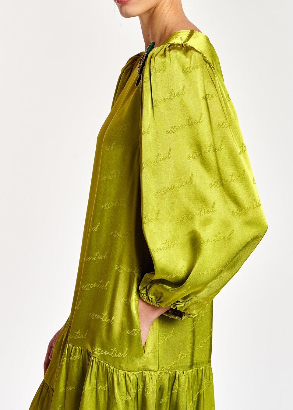Mini robe en jacquard de satin vert citron RE—SSENTIEL seconde main photo 5