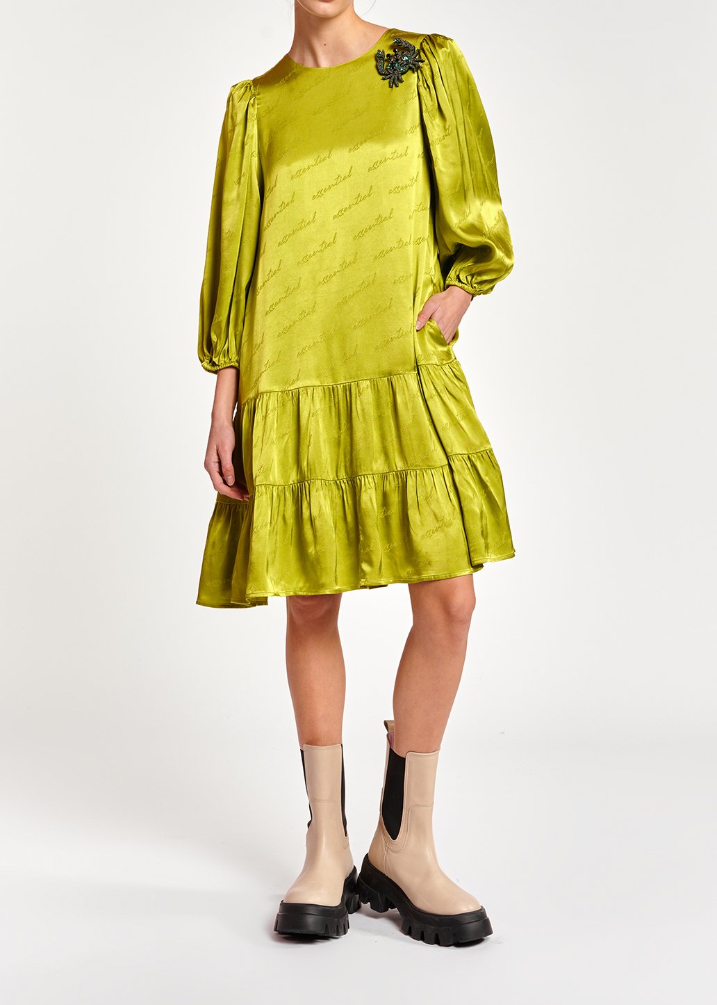 Mini robe en jacquard de satin vert citron RE—SSENTIEL seconde main photo 7