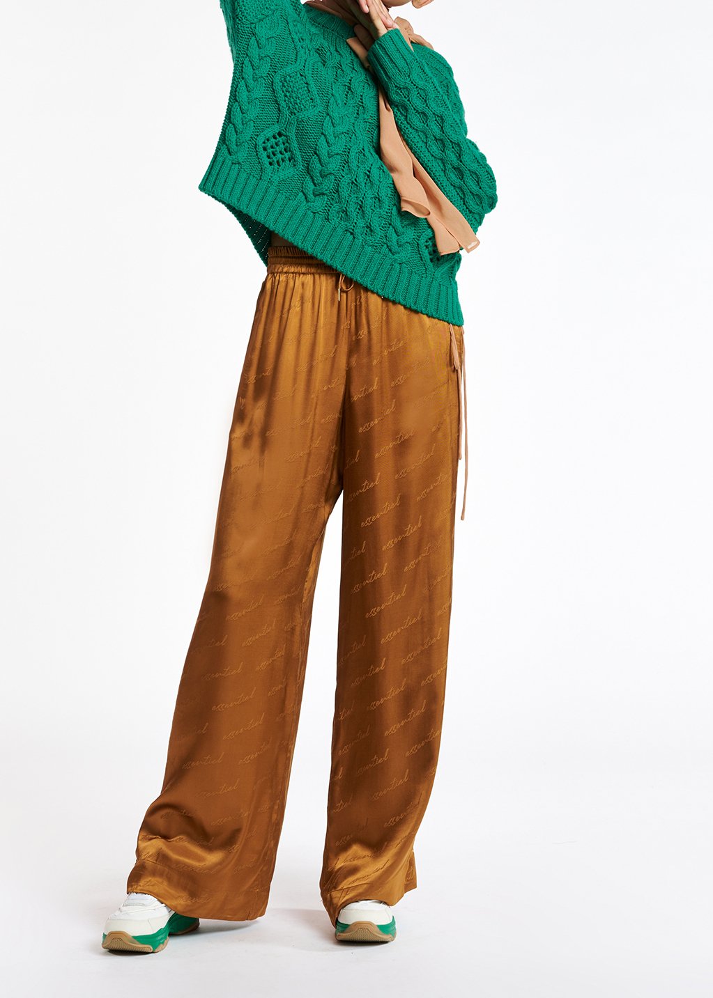 Bronze satin jacquard wide-leg pants RE—SSENTIEL second-hand photo 3