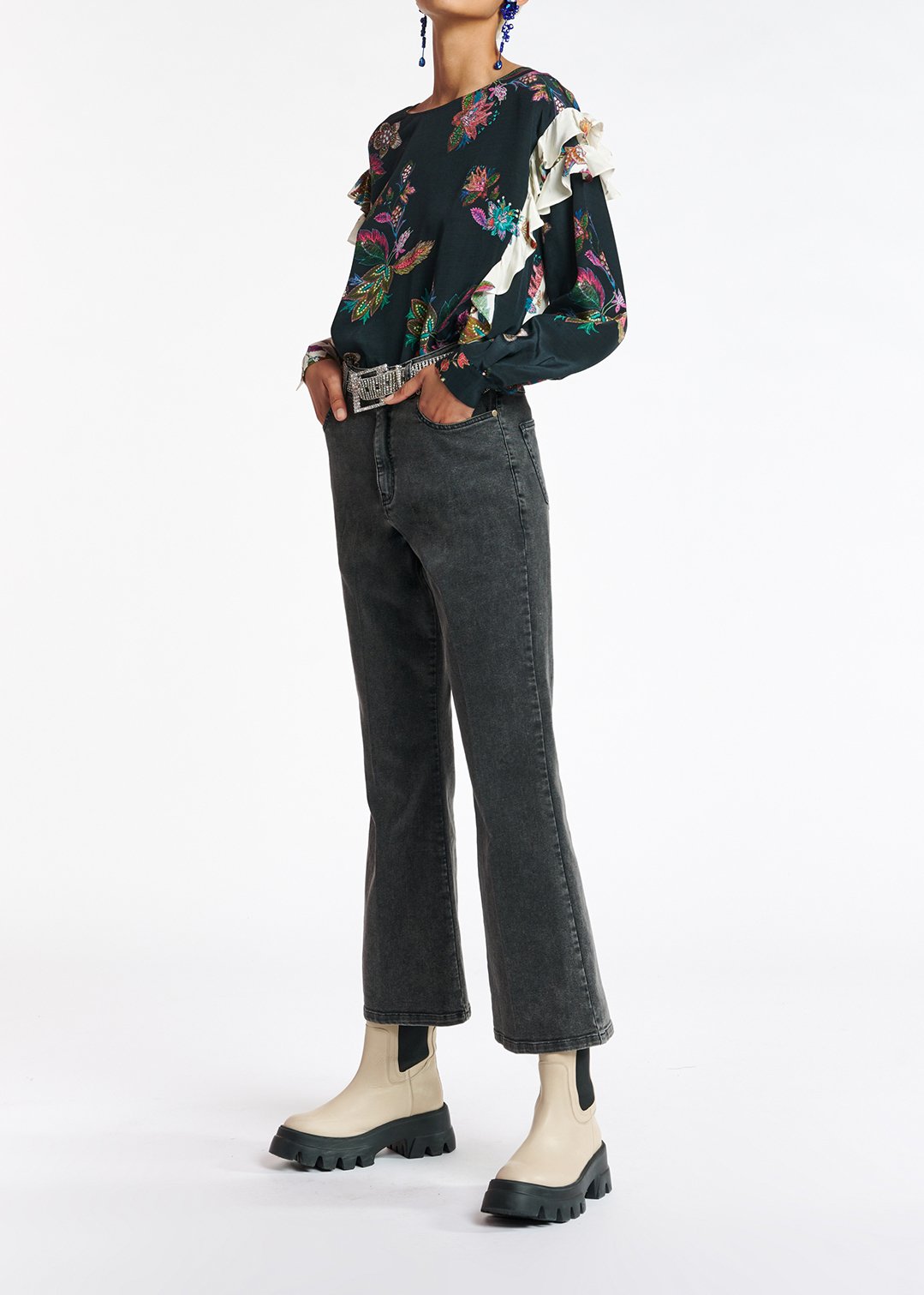 Black cotton-stretch flared-fit jeans RE—SSENTIEL second-hand photo 6