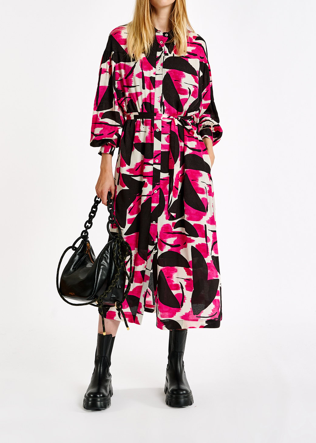 Robe midi à  imprimé abstrait fuchsia, noir et blanc RE—SSENTIEL seconde main photo 8