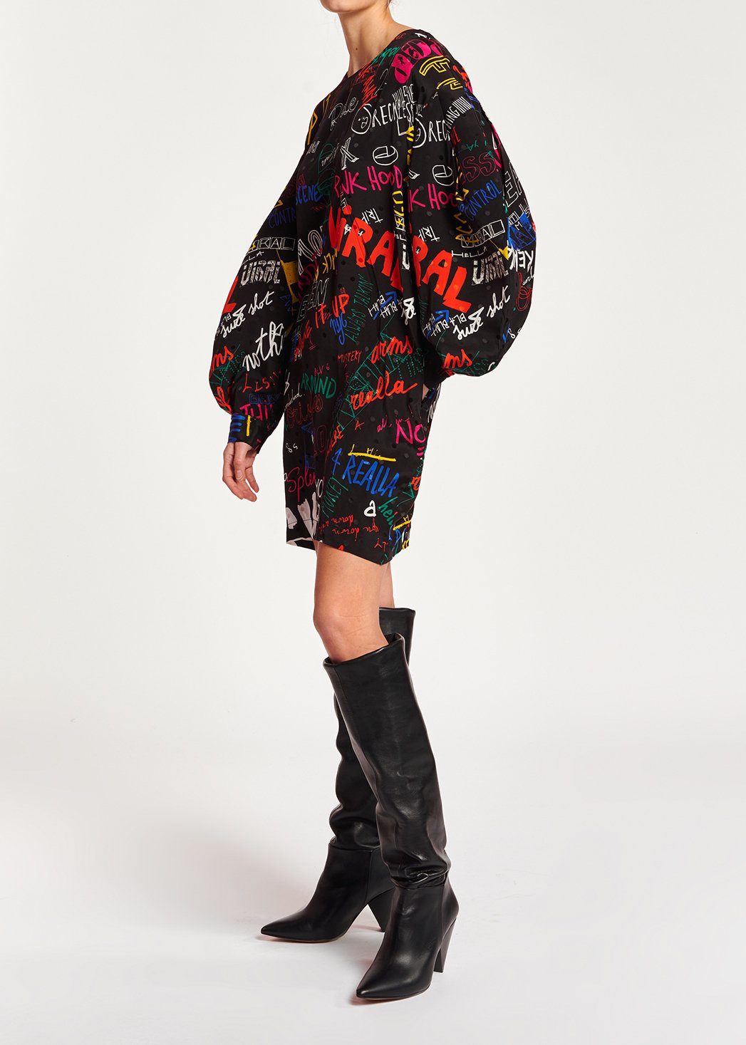 Black jacquard-silk minidress with text print RE—SSENTIEL second-hand photo 3