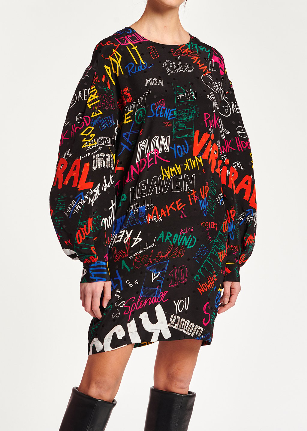 Black jacquard-silk minidress with text print RE—SSENTIEL second-hand photo 4