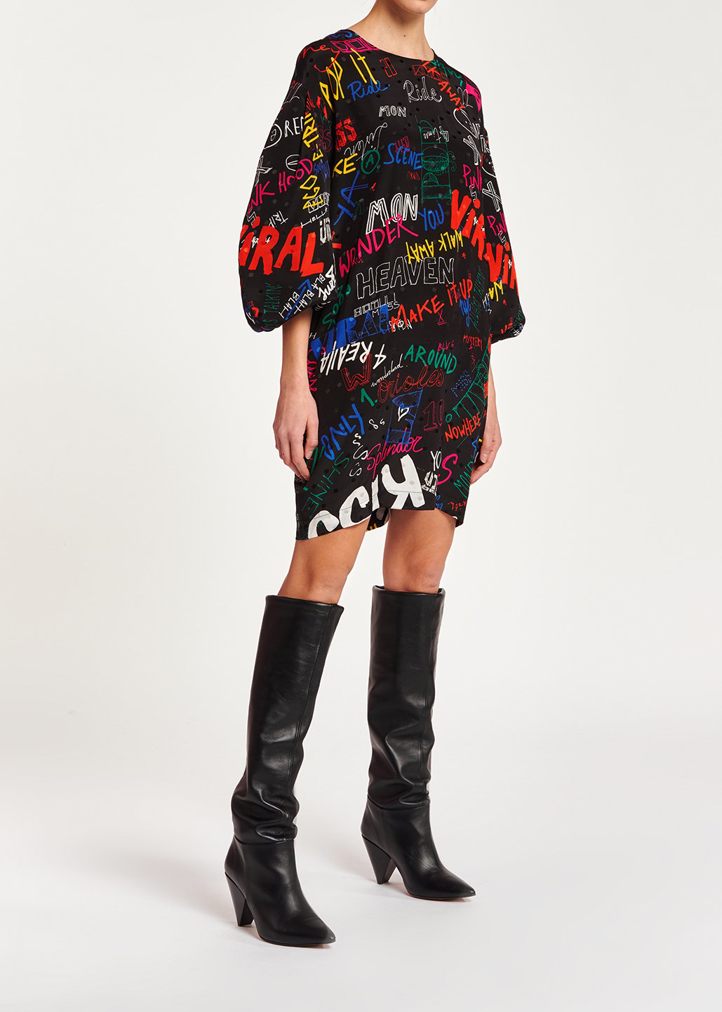 Black jacquard-silk minidress with text print RE—SSENTIEL second-hand photo 6