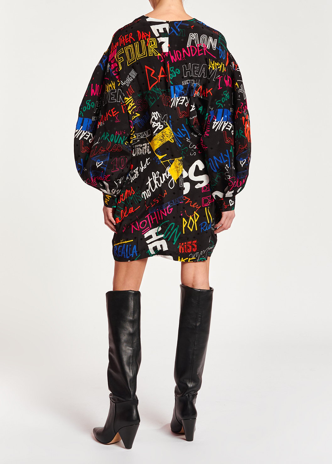 Black jacquard-silk minidress with text print RE—SSENTIEL second-hand photo 7