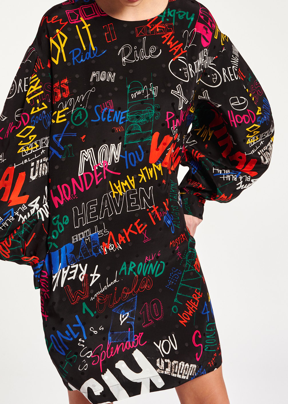 Black jacquard-silk minidress with text print RE—SSENTIEL second-hand photo 8