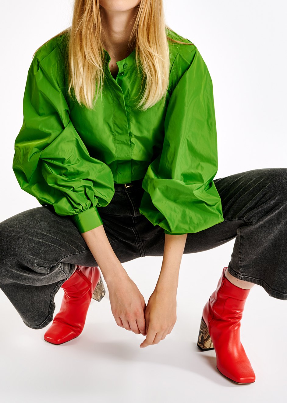 Green puffed-sleeve top RE—SSENTIEL second-hand photo 3