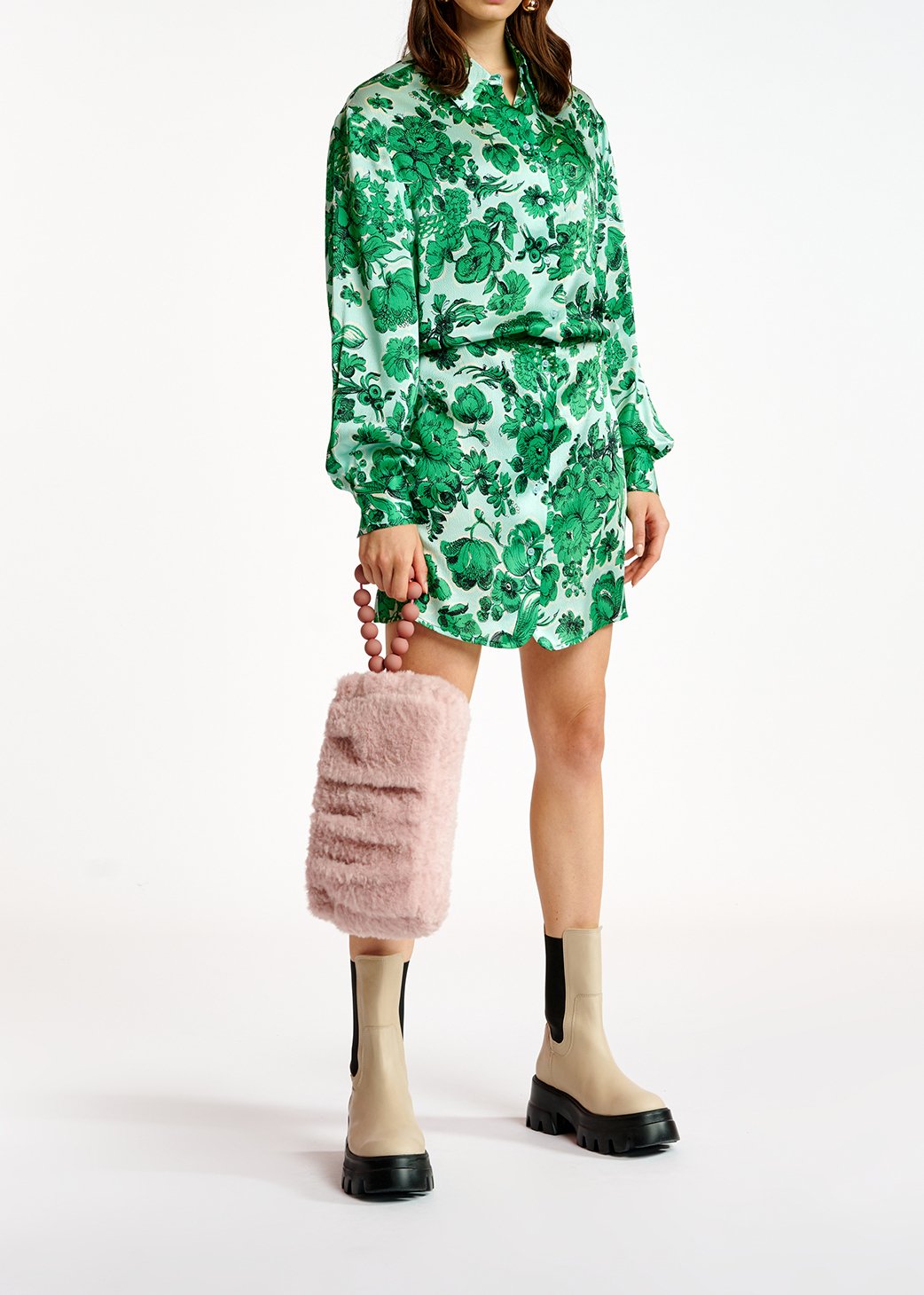 Lichtblauwe en groene zijden mini-jurk met bloemen RE—SSENTIEL tweedehands photo 3
