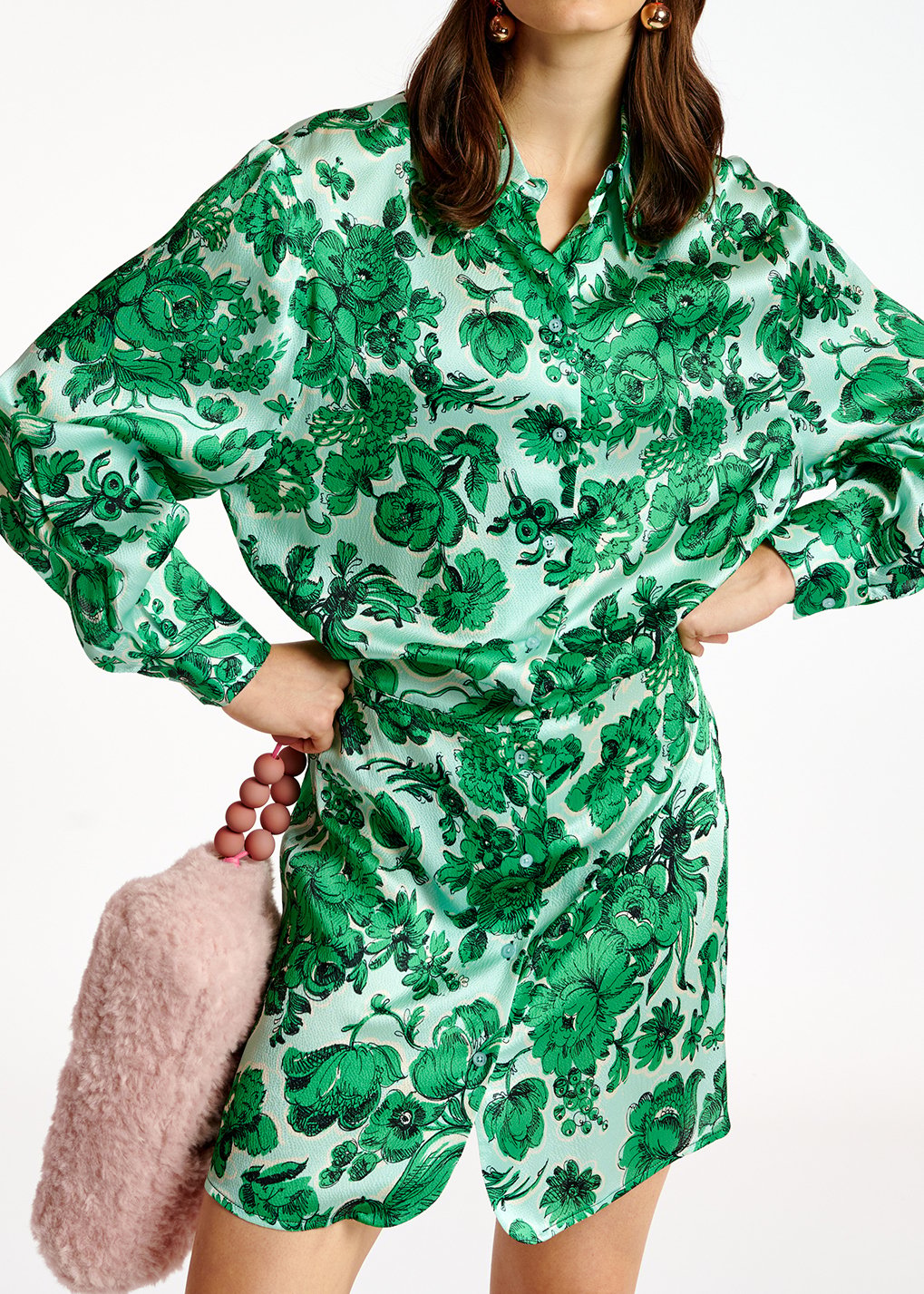 Lichtblauwe en groene zijden mini-jurk met bloemen RE—SSENTIEL tweedehands photo 4