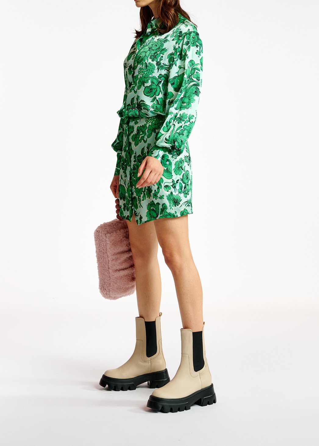 Lichtblauwe en groene zijden mini-jurk met bloemen RE—SSENTIEL tweedehands photo 5