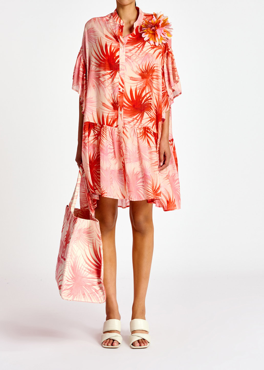 Orange viscose-silk palm leaf print mini dress RE—SSENTIEL second-hand photo 3