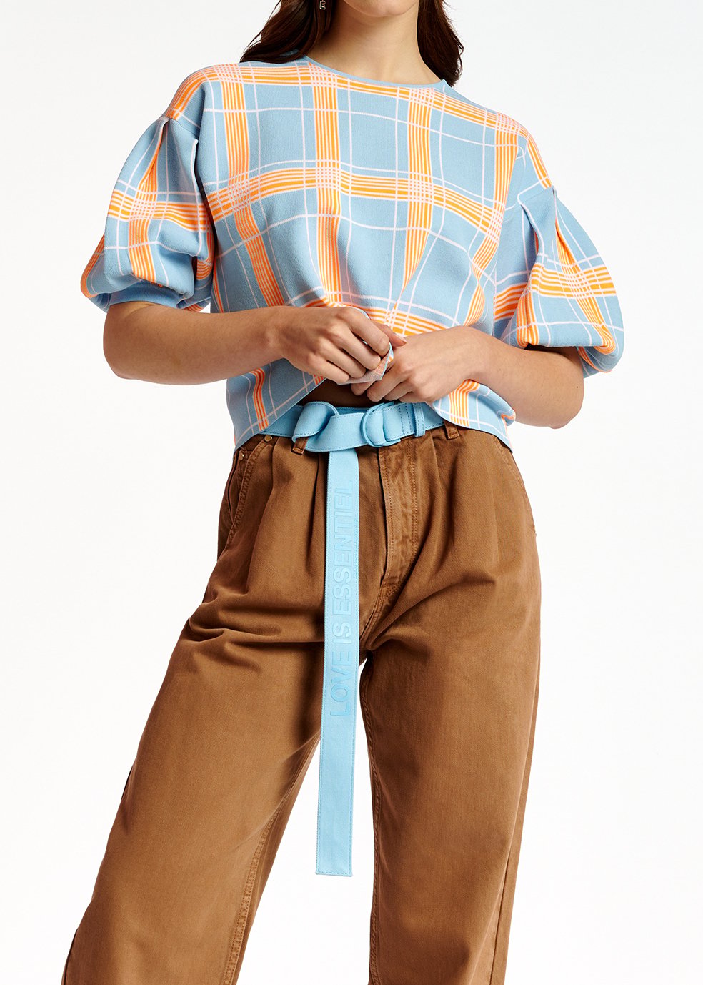 Light blue puffed sleeve knitted top with check motif RE—SSENTIEL second-hand photo 3