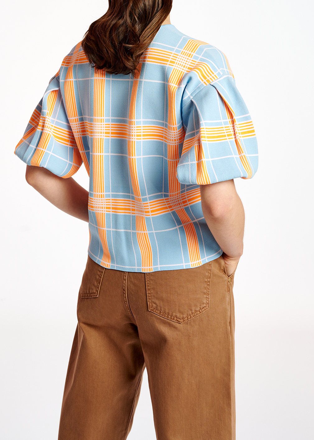 Light blue puffed sleeve knitted top with check motif RE—SSENTIEL second-hand photo 4