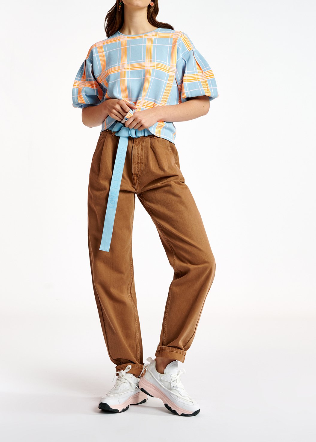 Light blue puffed sleeve knitted top with check motif RE—SSENTIEL second-hand photo 5
