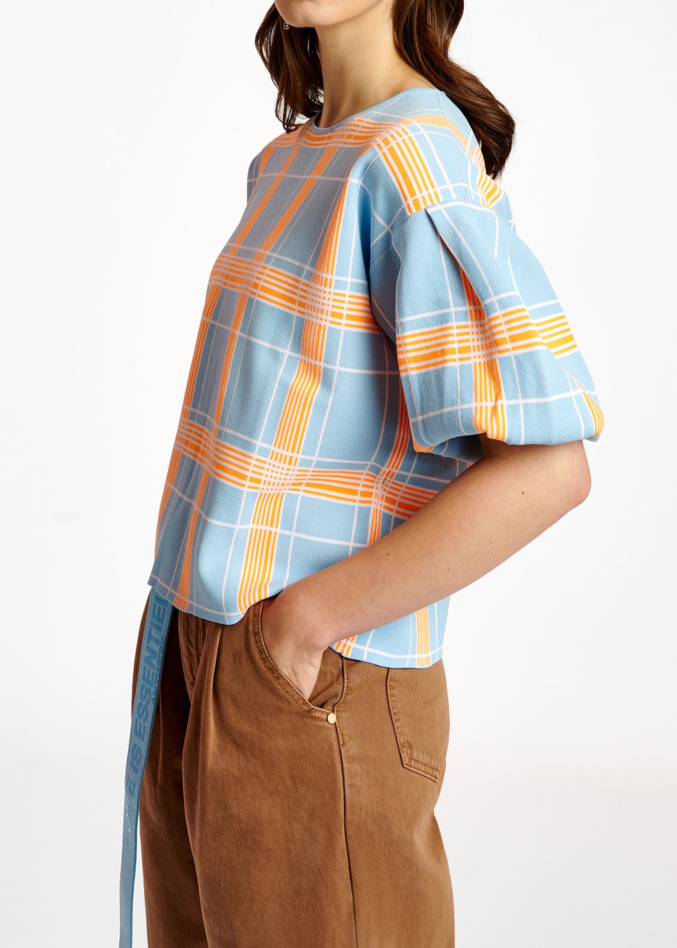 Light blue puffed sleeve knitted top with check motif RE—SSENTIEL second-hand photo 6