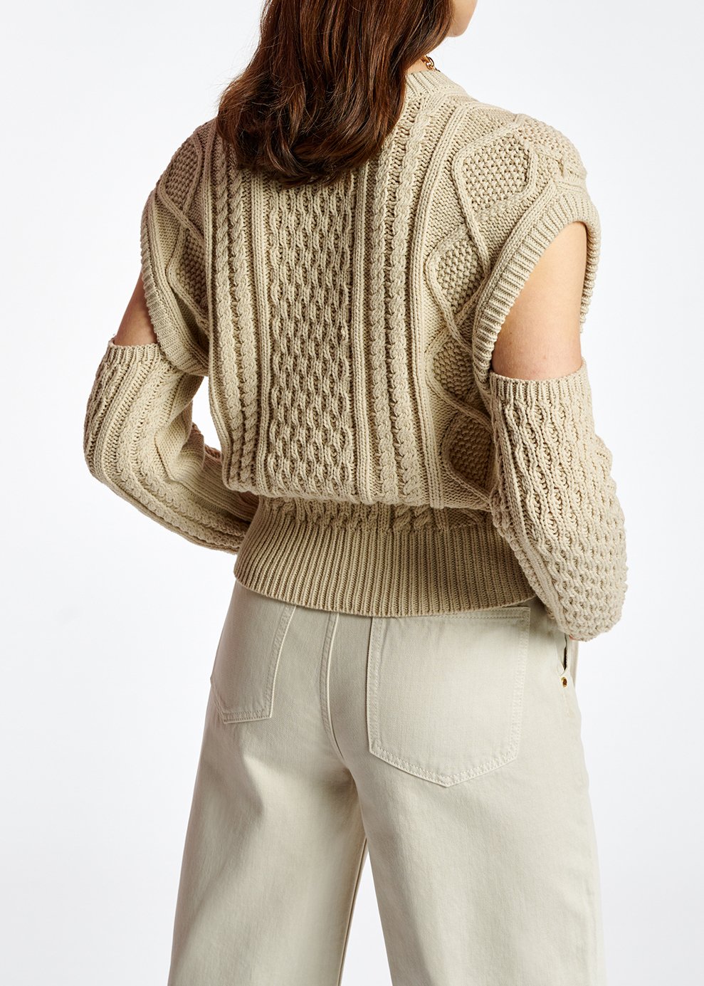 Ecru cable-knitted sweater with detachable sleeves RE—SSENTIEL second-hand photo 5