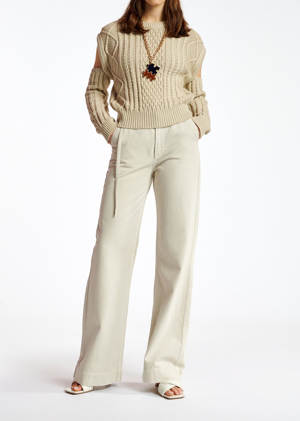 Ecru cable-knitted sweater with detachable sleeves RE—SSENTIEL second-hand photo 6