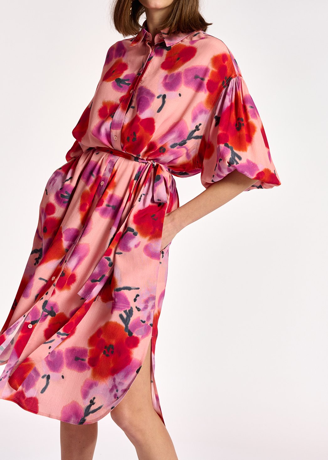 Light pink, red and purple floral-print shirt dress RE—SSENTIEL second-hand photo 3